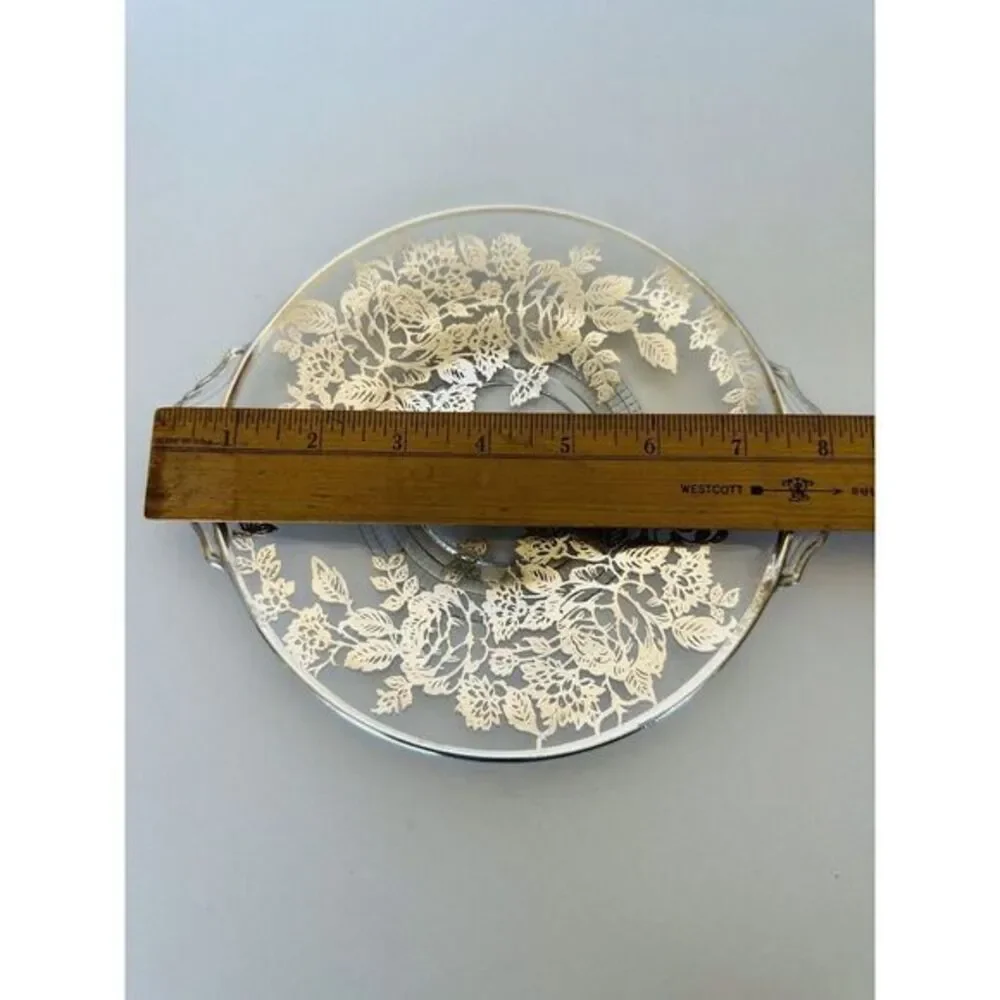 Vintage Floral‎ Leaf Silver Overlay Glass Plate W/Handles Silver Trim 8